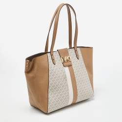 Pre Owned Michael Kors Vanilla/Tan Siganture Coated Canvas and Leather Karlie Tote