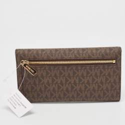 Pre Owned Michael Kors Brown Signature Coated Canvas Large Jet Set Travel Trifold Wallet