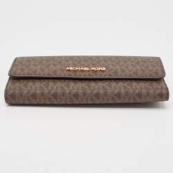 Pre Owned Michael Kors Brown Signature Coated Canvas Large Jet Set Travel Trifold Wallet