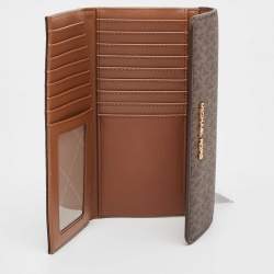Pre Owned Michael Kors Brown Signature Coated Canvas Large Jet Set Travel Trifold Wallet