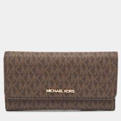 Pre Owned Michael Kors Brown Signature Coated Canvas Large Jet Set Travel Trifold Wallet