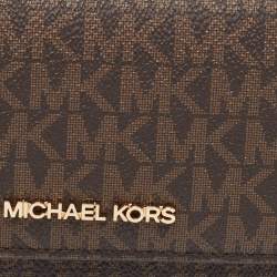 Pre Owned Michael Kors Brown Signature Coated Canvas Large Jet Set Travel Trifold Wallet