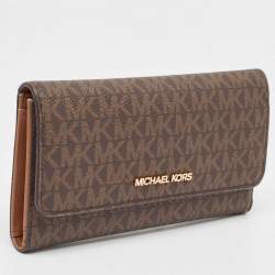 Pre Owned Michael Kors Brown Signature Coated Canvas Large Jet Set Travel Trifold Wallet