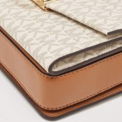 Pre Owned Michael Kors White/Brown Signature Coated Canvas and Leather XS Hendrix Crossbody Bag