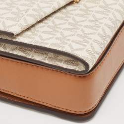 Pre Owned Michael Kors White/Brown Signature Coated Canvas and Leather XS Hendrix Crossbody Bag