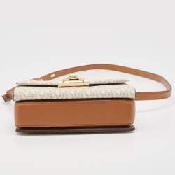 Pre Owned Michael Kors White/Brown Signature Coated Canvas and Leather XS Hendrix Crossbody Bag