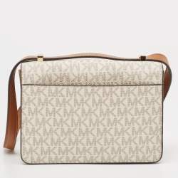 Pre Owned Michael Kors White/Brown Signature Coated Canvas and Leather XS Hendrix Crossbody Bag