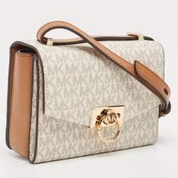 Pre Owned Michael Kors White/Brown Signature Coated Canvas and Leather XS Hendrix Crossbody Bag