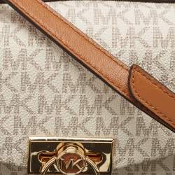 Pre Owned Michael Kors White/Brown Signature Coated Canvas and Leather XS Hendrix Crossbody Bag
