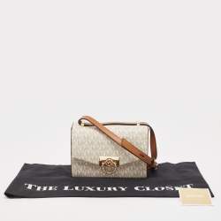 Pre Owned Michael Kors White/Brown Signature Coated Canvas and Leather XS Hendrix Crossbody Bag