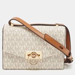 Pre Owned Michael Kors White/Brown Signature Coated Canvas and Leather XS Hendrix Crossbody Bag