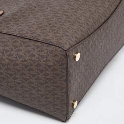 مملوكة مسبقًا حقيبة يد توتس مايكل كورس فوياجير جلد وكانفاس مقوى بالشعار بني فاتح/بني