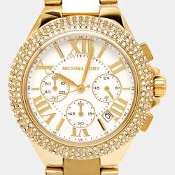 Pre Owned Michael Kors White Yellow Gold PVD Coated Stainless Steel Oversized Camille Pave MK6994 Women's Wristwatch 43 mm