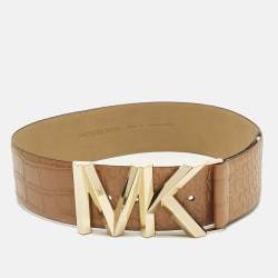 Pre Owned Michael Kors S Waist Belt Brown Crocodile Embossed Leather