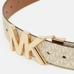 Pre Owned Michael Kors Logo Cut to Size Reversible Buckle Belt White Signature Coated Canvas and Leather