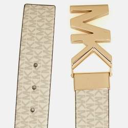 Pre Owned Michael Kors Logo Cut to Size Reversible Buckle Belt White Signature Coated Canvas and Leather