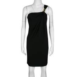 Pre Owned Michael Kors Black Draped Knit Metal Buckle Detail One Shoulder Dress XS