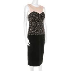 Pre Owned Michael Kors Black Lace Print Stretch Wool Crepe Dress M