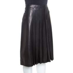 Michael Kors Dark Brown Leather Pleated Midi Skirt M