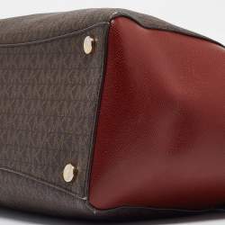 Pre Owned Michael Kors Red/Brown Signature Coated Canvas and Leather Voyager East West Tote