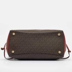 Pre Owned Michael Kors Red/Brown Signature Coated Canvas and Leather Voyager East West Tote