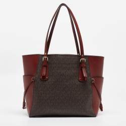 Pre Owned Michael Kors Red/Brown Signature Coated Canvas and Leather Voyager East West Tote