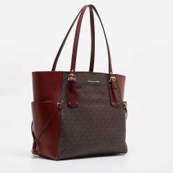 Pre Owned Michael Kors Red/Brown Signature Coated Canvas and Leather Voyager East West Tote