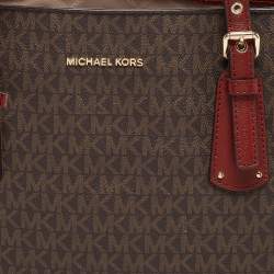 Pre Owned Michael Kors Red/Brown Signature Coated Canvas and Leather Voyager East West Tote