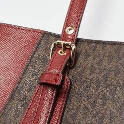 Pre Owned Michael Kors Red/Brown Signature Coated Canvas and Leather Voyager East West Tote