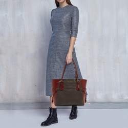 Pre Owned Michael Kors Red/Brown Signature Coated Canvas and Leather Voyager East West Tote