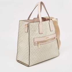 Michael Kors Off White/Pink Signature Coated Canvas Large Kenly Tote