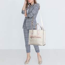Michael Kors Off White/Pink Signature Coated Canvas Large Kenly Tote