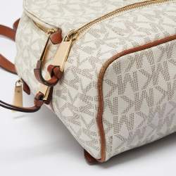 Michael Kors White/Tan Signature Coated Canvas and Leather Medium Rhea Backpack