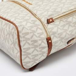 Michael Kors White/Tan Signature Coated Canvas and Leather Medium Rhea Backpack