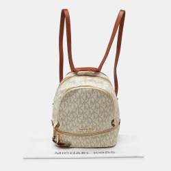 Michael Kors White/Tan Signature Coated Canvas and Leather Medium Rhea Backpack