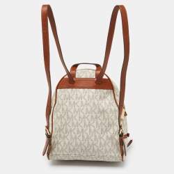 Michael Kors White/Tan Signature Coated Canvas and Leather Medium Rhea Backpack