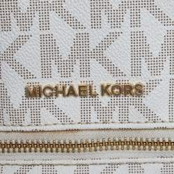Michael Kors White/Tan Signature Coated Canvas and Leather Medium Rhea Backpack