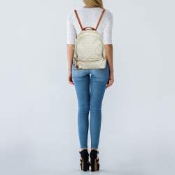 Michael Kors White/Tan Signature Coated Canvas and Leather Medium Rhea Backpack