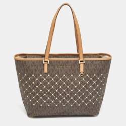 Michael Kors Brown Signature Coated Canvas and Leather Jet Set Violet Tote