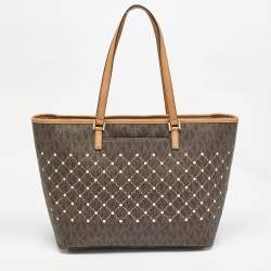 Michael Kors Brown Signature Coated Canvas and Leather Jet Set Violet Tote