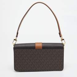 Pre Owned Michael Kors Brown Signature Coated Canvas and Leather Medium Greenwich Top Handle Bag
