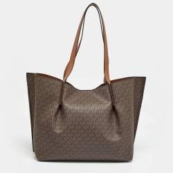 Pre Owned Michael Kors Brown Signature Coated Canvas and Leather Large Emilia Tote