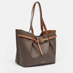 Pre Owned Michael Kors Brown Signature Coated Canvas and Leather Large Emilia Tote