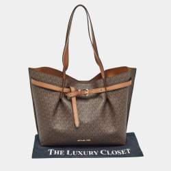 Pre Owned Michael Kors Brown Signature Coated Canvas and Leather Large Emilia Tote