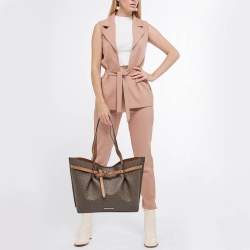 Pre Owned Michael Kors Brown Signature Coated Canvas and Leather Large Emilia Tote