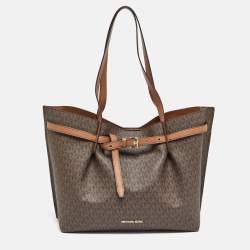 Pre Owned Michael Kors Brown Signature Coated Canvas and Leather Large Emilia Tote