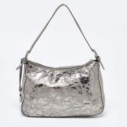 Michael Kors Metallic Grey Textured Patent and Leather Logo Charm Shoulder Bag