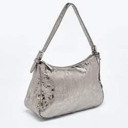 Michael Kors Metallic Grey Textured Patent and Leather Logo Charm Shoulder Bag