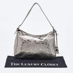 Michael Kors Metallic Grey Textured Patent and Leather Logo Charm Shoulder Bag