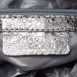 Michael Kors Metallic Grey Textured Patent and Leather Logo Charm Shoulder Bag